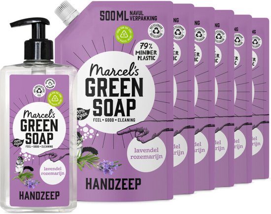 Een fles handzeep en zes paarse navulverpakkingen met lavendel en rozemarijn opdruk.