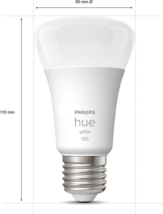 Philips Hue White E27 lamp, 110mm hoog en 60mm diameter.