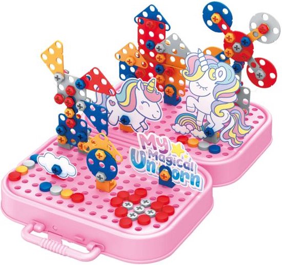 Eddy Toys Bouwset met Bouwdoos incl Speelgoed Boormachine - Constructiespeelgoed met 228 Onderdelen - Eenhoorn Puzzel - Montessori Speelgoed Insteek Mozaiek - Educatief Speelgoed