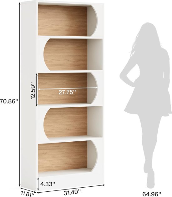 TRIBESIGNS - Bibliothèque - Bibliothèque avec 5 Planches - Morden - Armoires en aggloméré - Wit - 80 x 30 x 180 cm