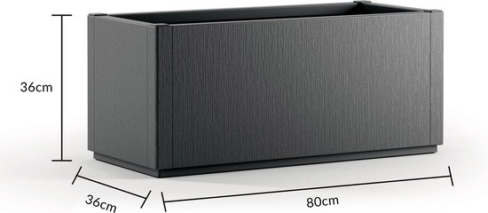 Antracietkleurige plantenbak met afmetingen 80x36x36cm.