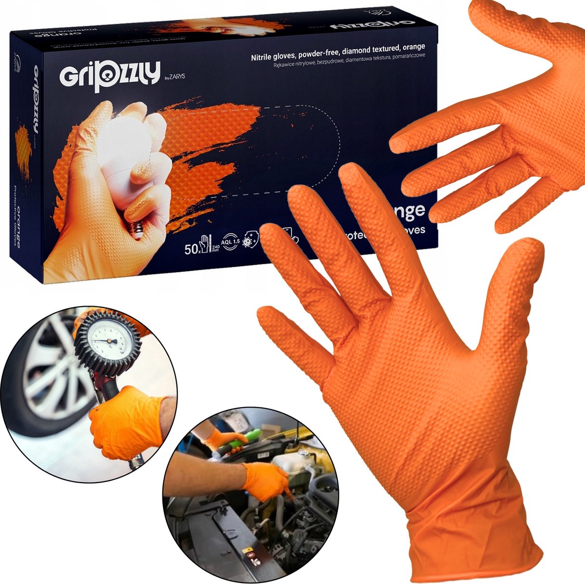 Goedkoopste ZARYS Oranje Nitrilhandschoenen, Poedervrije Handschoenen, Diamanttextuur 50 stuks