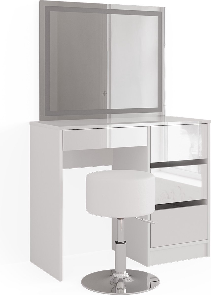 Vicco Kaptafel set met kruk Sherry, Wit, 90 cm met LED-spiegel en kruk