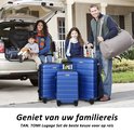 Familie met TAN.TOMI blauwe koffers bij een auto met open kofferbak.