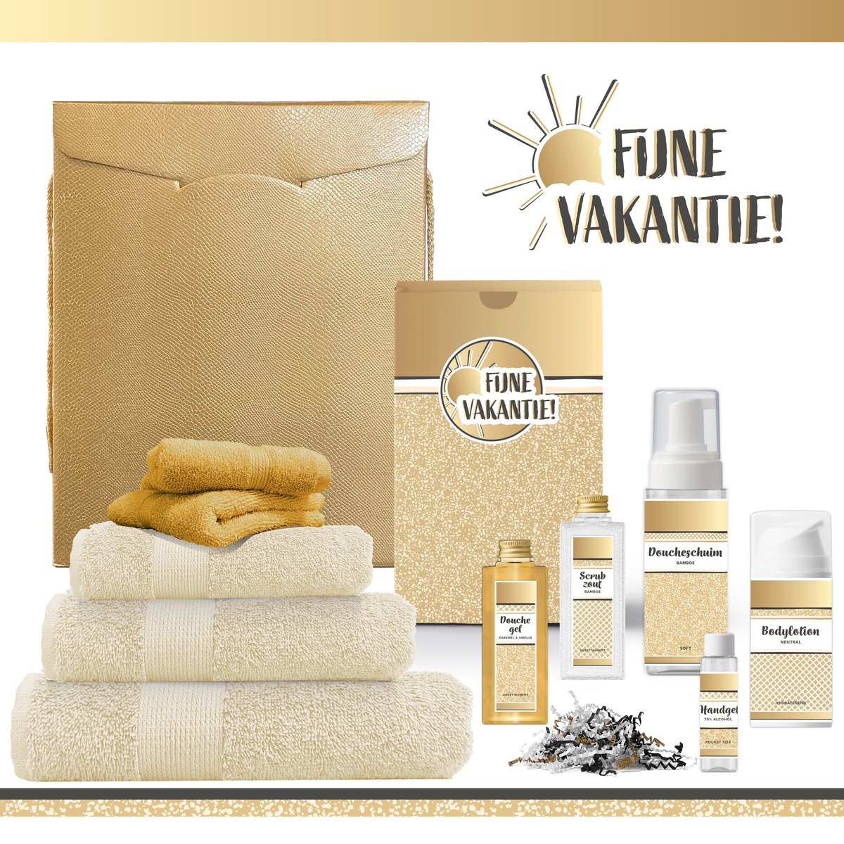 Goedkoopste Geschenkset “Fijne vakantie!” - 10 producten - 1600 gram | Luxe Vakantiepakket voor haar - Wellness Pakket deluxe - Strandlaken Badlaken Handdoek - Cadeaupakket Speciaal voor jou - Cadeau - Giftset Bedankt - Gift Vrouw Collega Vrijwilliger - Zon Goud