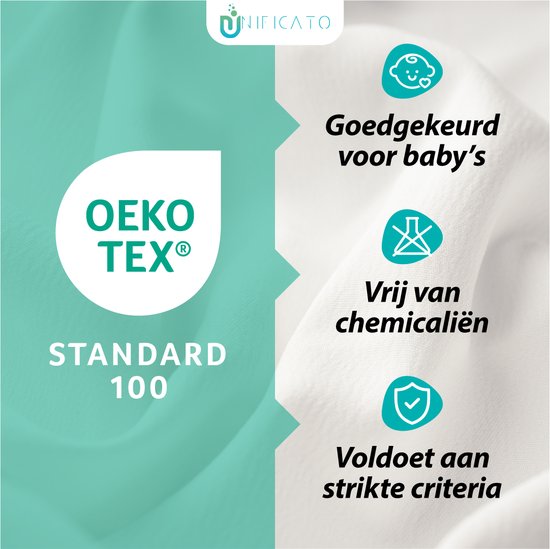 OEKO-TEX Standard 100 label. Goedgekeurd voor baby's, vrij van chemicaliën en voldoet aan strenge criteria.