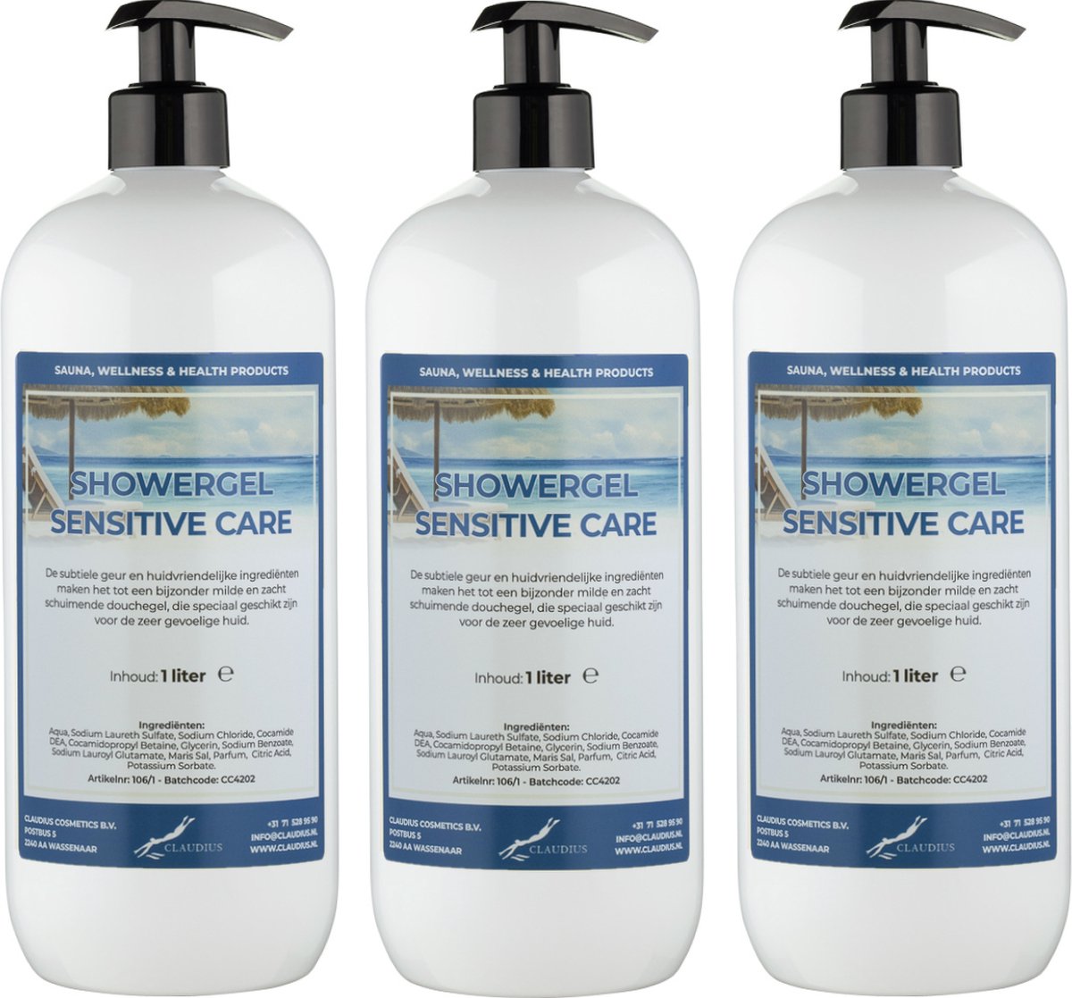 Goedkoopste Douchegel Sensitive Care 1 liter - set van 3 stuks - met 3 gratis pomp - Showergel