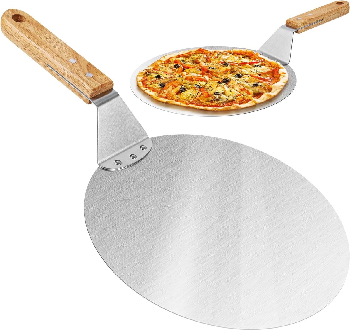 Pizzaschep van roestvrij staal pizza- en taartschep met houten handvat ronde pizzaschep voor pizza 25 5x25 5 cm 10 inch geflambeerde tarte en brood