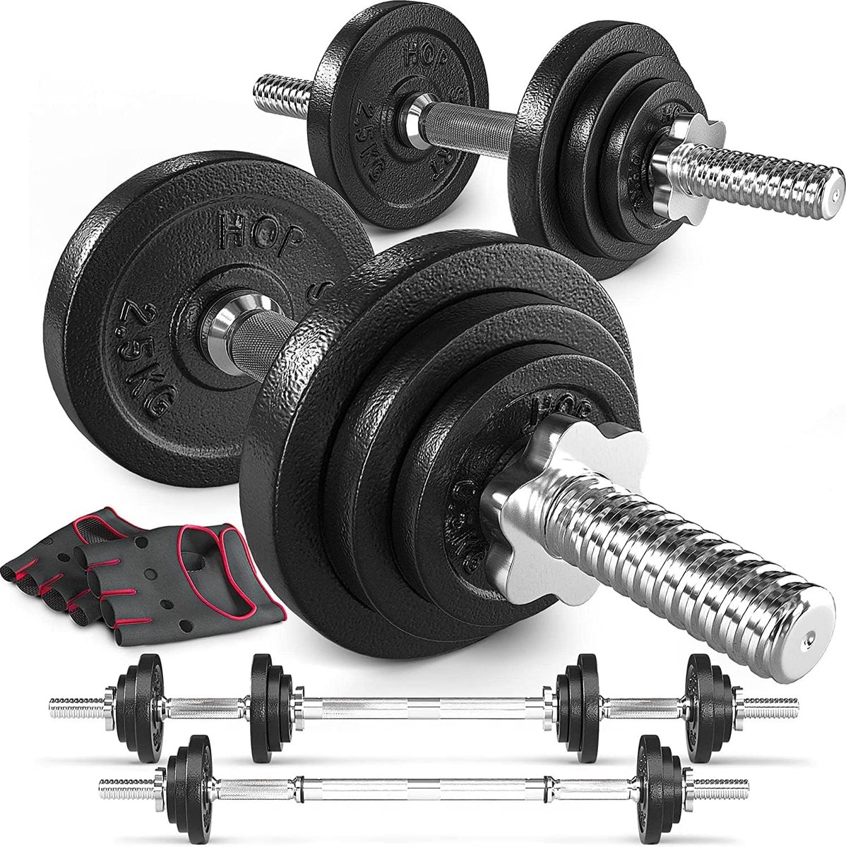 Hop-Sport 58 Kg Verstelbare Halterset Met Lange Halterstang En 2 Korte Halters Halterschijven Van Gietijzer 30 Mm 6 X 5 Kg 4 X 25 Kg 6 X 125 Kg Voor Thuisgym En Krachttraining