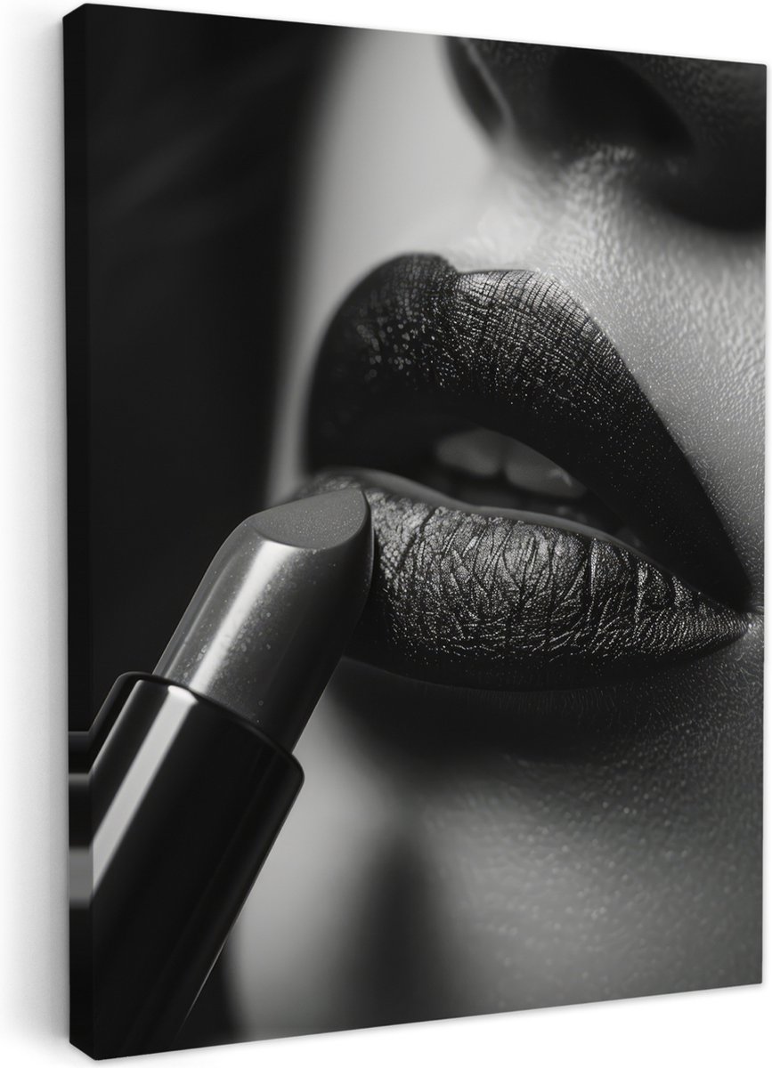 Canvas schilderij 30x40 cm - Wanddecoratie badkamer Vrouw - Lippenstift - Zwart wit - Make