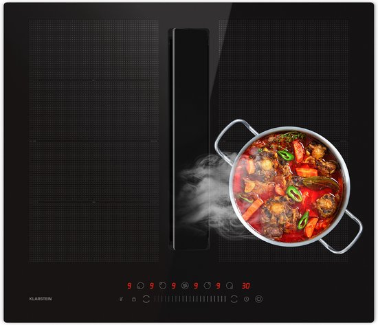 Klarstein Inductiekookplaat Chef-Fusion met Afzuiging – 60 cm, 600 m³/u, 6400 W, Flexzone, Energieklasse A, Touchbediening, Ruimtebesparend, Zwart - 52 cm - voor Keuken - Vetfilter - Induction Hob - Inductie Kookveld