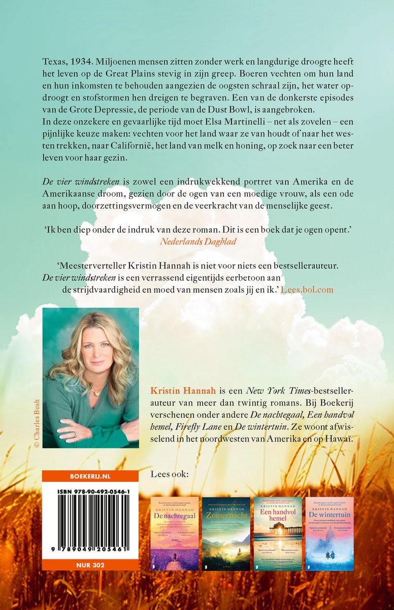 Achterkant van het boek met tekst, een foto van Kristin Hannah en afbeeldingen van haar andere boeken. Boekhandel logo.