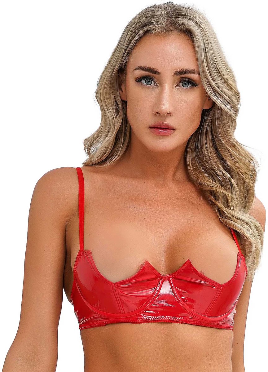 Goedkoopste Uitdagende half open latex wetlook BH - Erotische Beha - Push up - Sexy lingerie - Halve borst zichtbaar