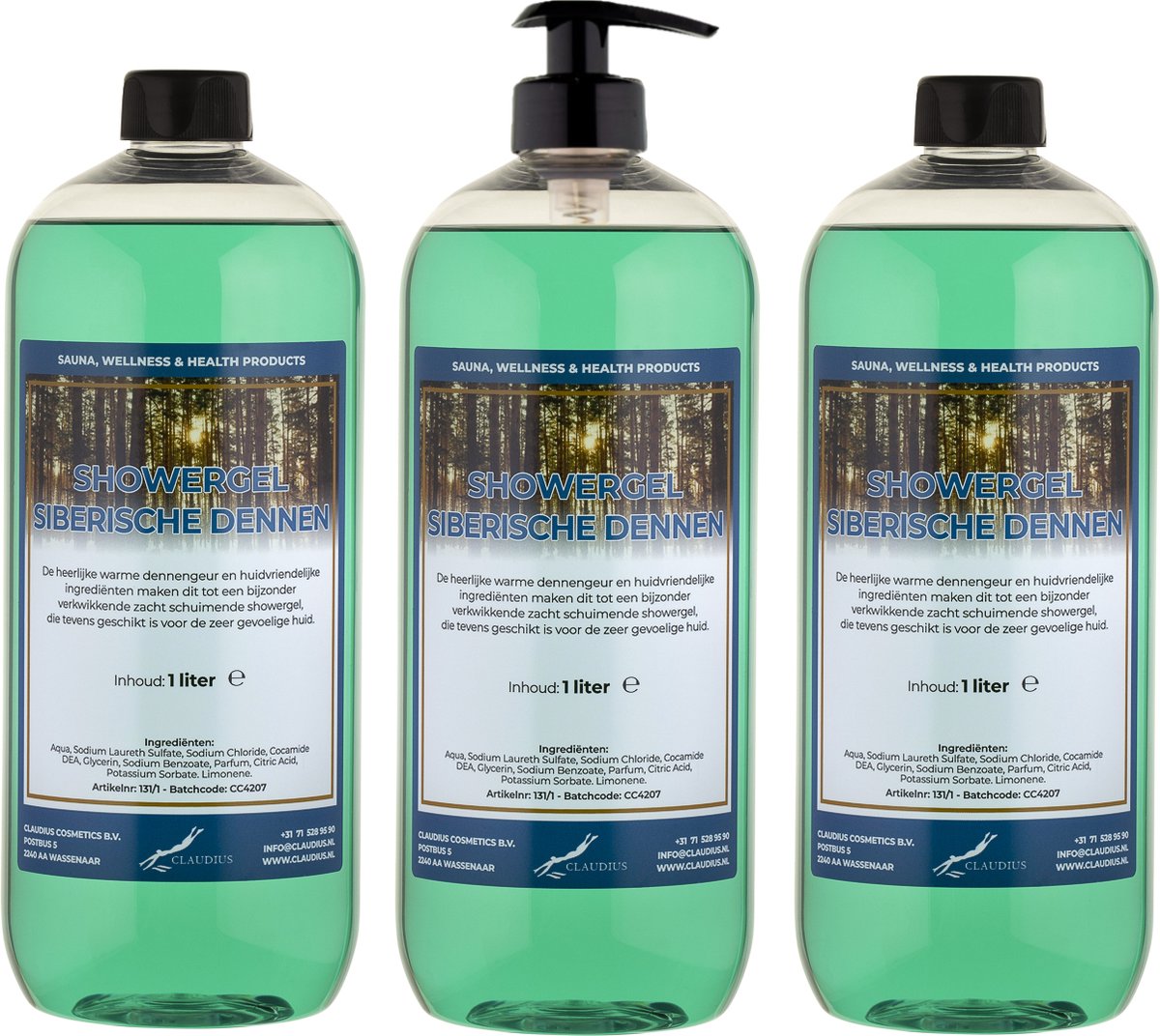 Goedkoopste Douchegel Siberische Dennen 1 liter - set van 3 stuks - met gratis pomp - Showergel