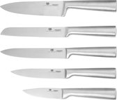 Keukenmes bestaande uit koksmes, schilmesje, koudgesneden mes en broodmes, scherp mes van roestvrij staal, antiaanbaklaag, 5 stuks, zilver