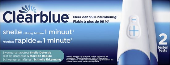 Doos met 2 Clearblue zwangerschapstesten. Snel resultaat binnen 1 minuut. Meer dan 99% nauwkeurig.