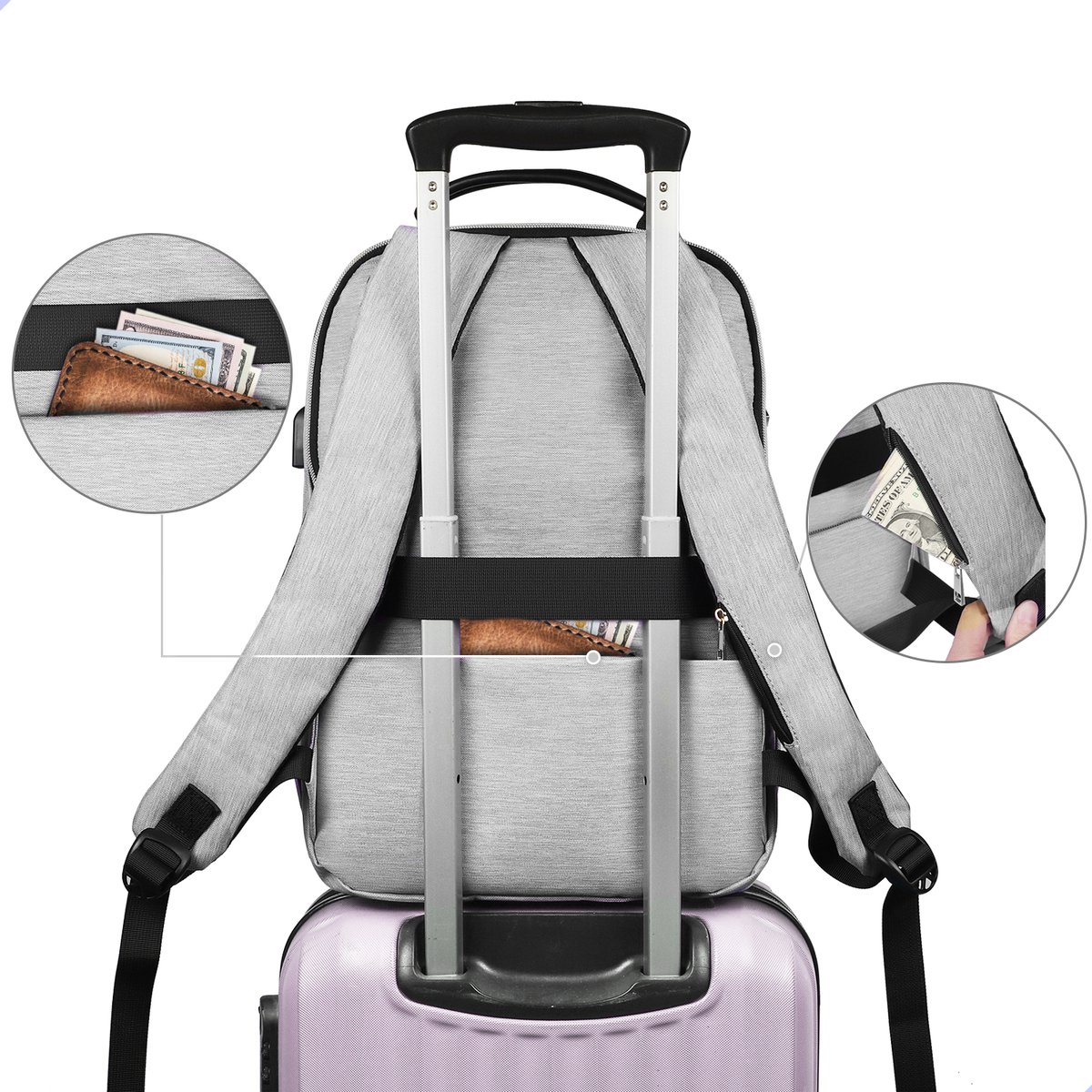AG Luxe Rugzak Grijs- Rugzakken - Rugtassen - Laptop - 26L - School - voor jongens en meisjes, dames en heren - Backpack Waterafstotend- Schooltas - Reizen & Werken - Anti Diefstal Ontwerp - Inclusief Usb Oplaadstation – foto 6