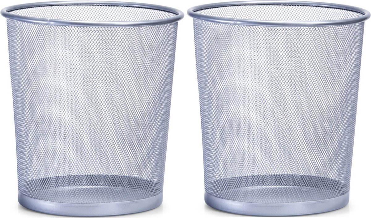 2x Zilveren prullenbakjes/vuilnisbakjes rond van draadmetaal/mesh 26 x 28 cm - Zeller - Kantoorbenodigdheden - Bureau-accessoires - Vuilnisbakken/Prullenbakken/Afvalbakken - Mesh kantoor/bureau benodigdheden