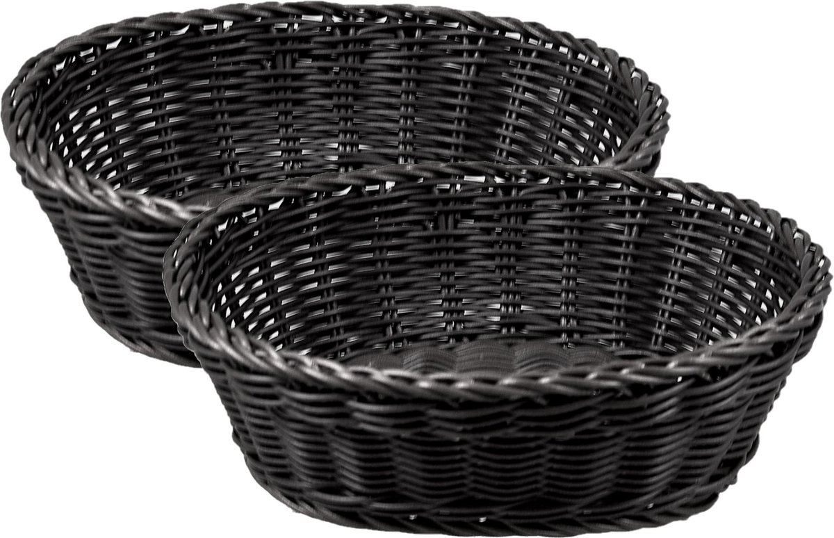 Cosy & Trendy broodmandje - 2x - zwart - kunststof - ovaal - L25 x B20 x H8 cm - serveren