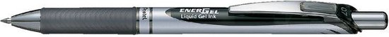 Zwarte Pentel Energel pen met grijze grip, zilveren details en clip.