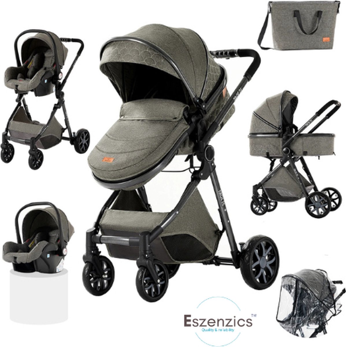 Eszenzics™ Kinderwagen 3-in-1 - incl. Autostoel - Multifunctionele 3-in-1 Buggy - 20kg - Diepgrijs