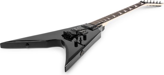 Zwarte elektrische gitaar met V-vormig lichaam, zilverkleurige hardware en witte toetsinleg.
