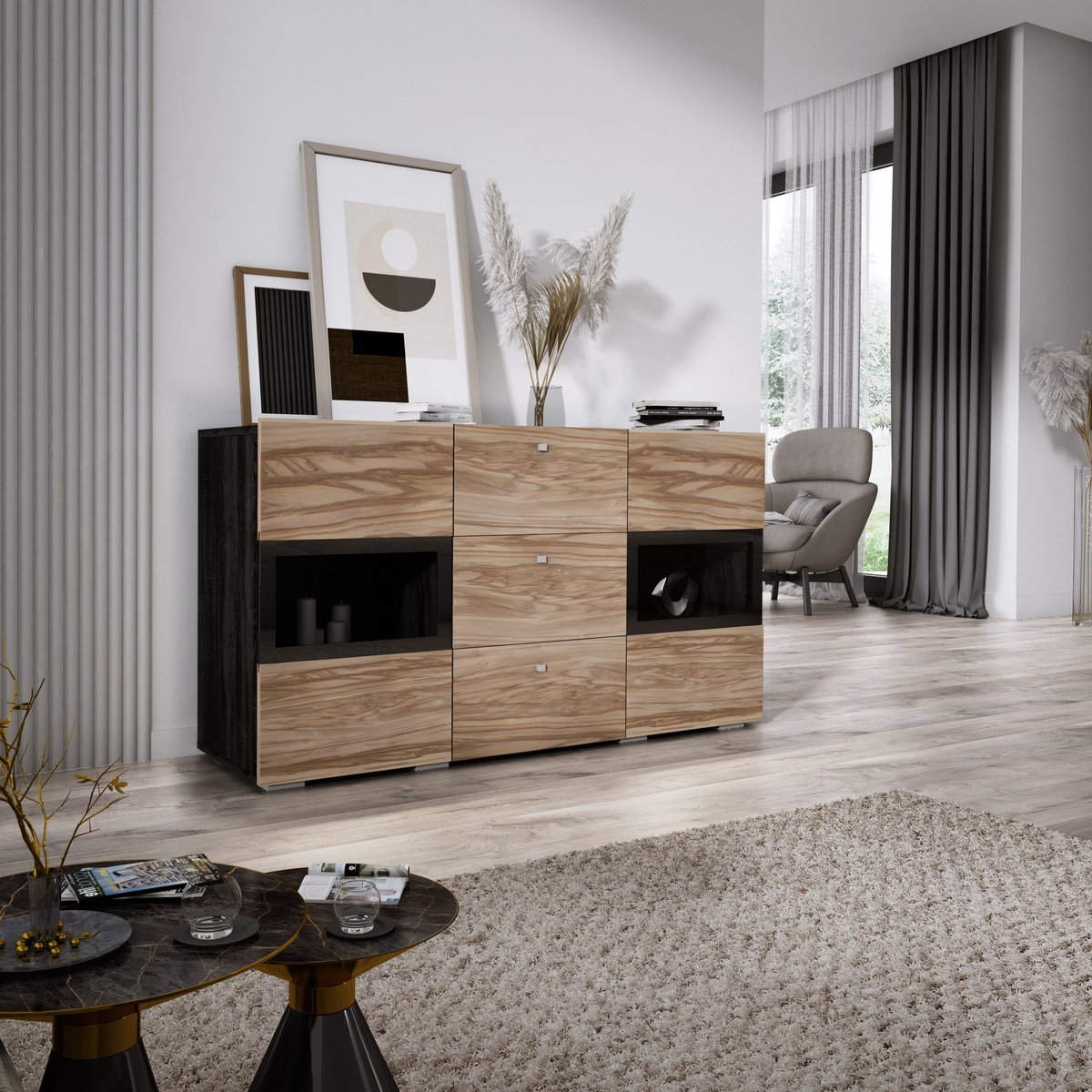 Meubel Square - Dressoir Belix - Walnoot / Donkergrijs - Commode