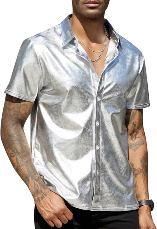 Heren shirt korte mouwen SILVER - Party blouse Zilver - Katoen en Polyester - Feest - Festival - Hoge kwaliteit - Glanzend