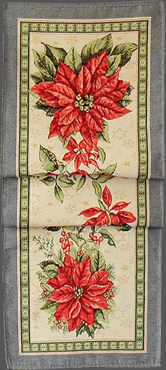 Tafelloper - Gobelinstof - Kerst - Kerststerren - Bloemen - 45 x 140 cm
