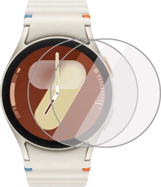 Zilverkleurig slim horloge met een witte band, met daarop een screenprotector.