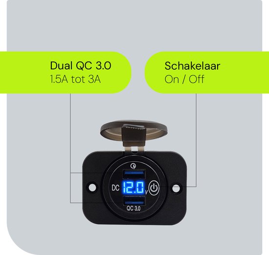 Zwarte dubbele USB-poort met deksel, digitale voltmeter die 12.0V aangeeft, en een aan/uit-schakelaar.