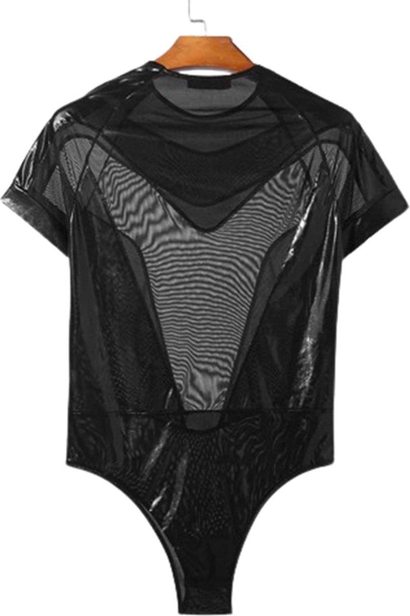 Goedkoopste Heren Bodysuit - Zwart Transparant - Leather Look - Mannenlingerie - Erotische herenkleding - Lingerie voor Mannen