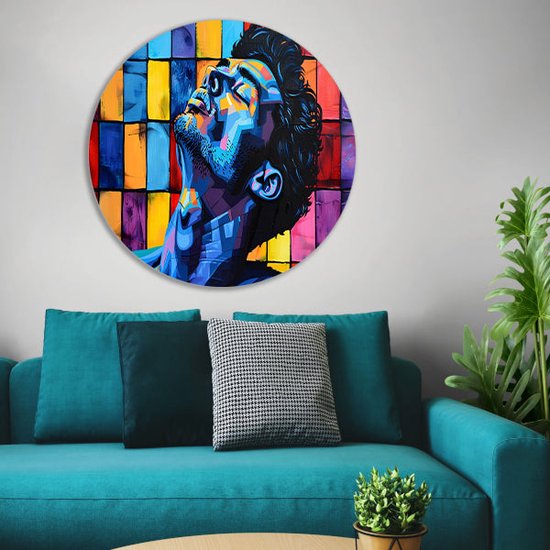 Man wandcirkel - Portret wandschalen - Wandschaal Vierkanten - Moderne schilderijen - Rond schilderij - Kunst muurcirkel forex 100x100 cm