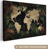 Carte du monde couleur sable avec motif texturé encadrée de feuilles et fleurs tropicales 60x40 cm