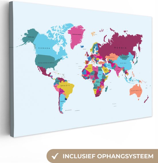 Les pays sont indiqués avec des couleurs différentes sur la carte du monde Toile 120x80 cm - Tirage photo sur toile (Décoration murale salon / chambre)
