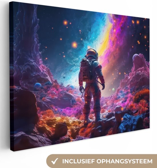Canvas schilderij 80x60 cm - Wanddecoratie Ruimte - Astronaut - Neon - Sterren - Muurdecoratie game room - Gaming kamer decoratie - Gameroom accessoires - Schilderijen