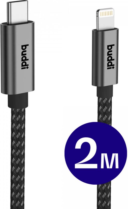 Buddi Flex | USB-C naar Lightning Kabel 20W Fast Charge | Power Delivery | 480Mbps Dataoverdracht | Gevlochten Nylon | 2M | 2 Meter | Zwart