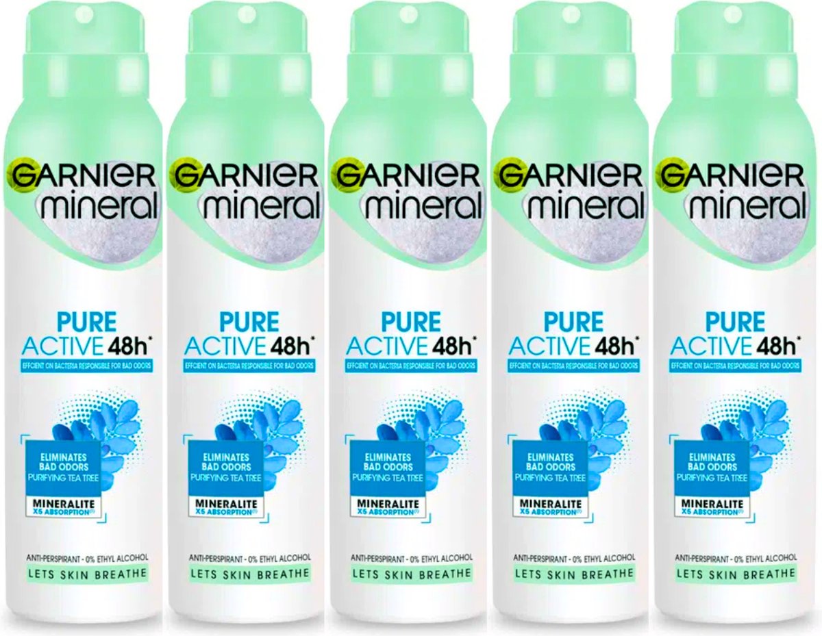 Goedkoopste Garnier Pure Active Purifying Tea Tree Deodorant Spray - 5 x 150ml