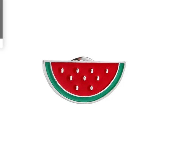 Een watermeloen emaille pin met rode pulp, groene schil en witte pitjes.