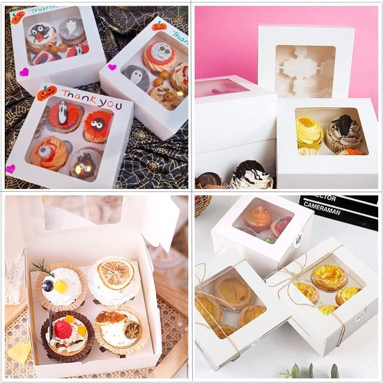 16 Boîtes à Cupcakes Avec Fenêtre 2 Trous + Inserts – Kraft + 24 Autocollants Merci