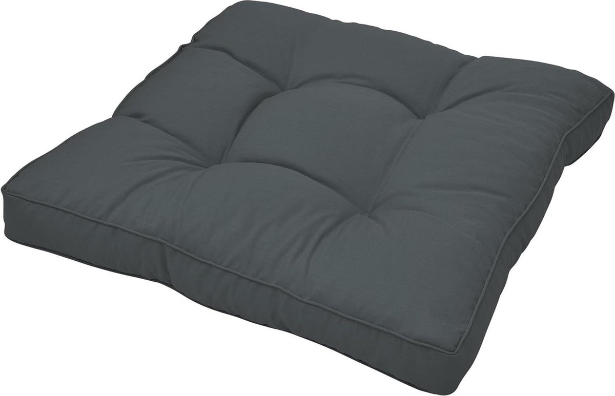 Grafietgrijs dik loungekussen voor tuinmeubelen, afmetingen 50x50x10 cm, ideaal voor palletkussenset.