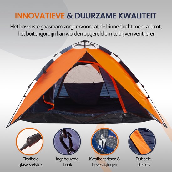 Hikemeister ® Kampeertent, 3-Persoons Automatic Pop-Up Tent - 200 x 200 x 145 cm - Backpacking Tent met binnentent