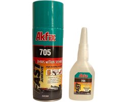 Akfix 705 100gr extra sterke professionele alleslijm met 400 ml spray activator voor universele reparaties met hoge hechtsterkte, Superlijm met sprayactivator, Superglue, Snellijm
