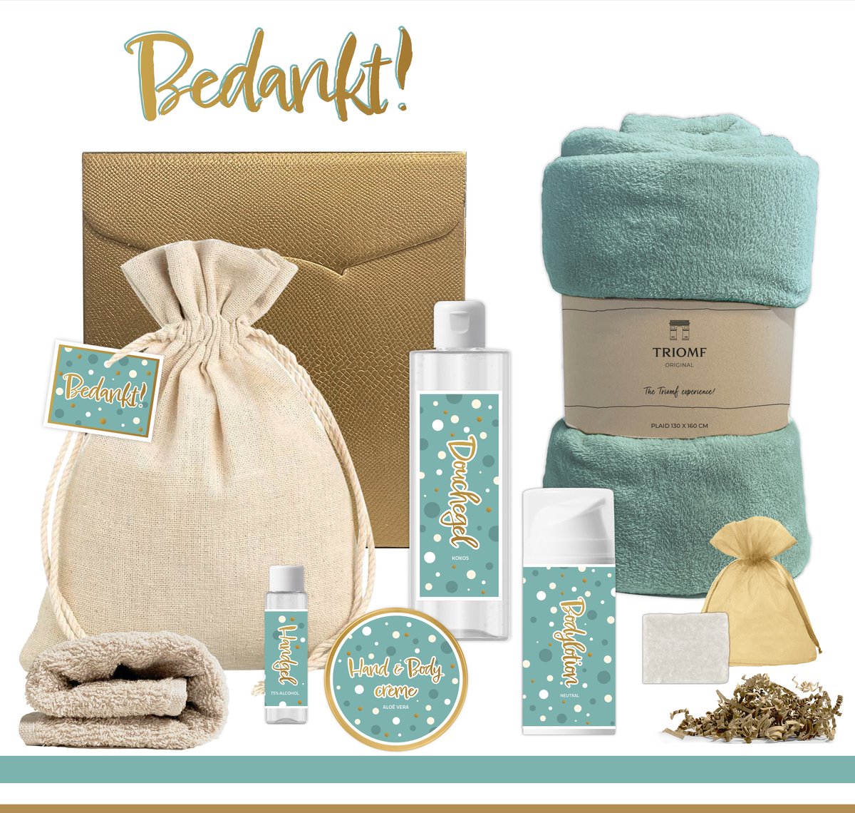 Goedkoopste Geschenkset “Bedankt!” - 8 producten - 1210 gram | Cadeau Vrouw - Wellness Giftset Vrouw - Speciaal voor jou - Cadeaupakket Juf - Gift Collega - Vriendin - Vrijwilliger - Zorgwerker - Kraamverzorgster - Fleece deken - Turquoise - Goud