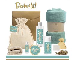 Geschenkset “Bedankt!” - 8 producten - 1210 gram | Cadeau Vrouw - Wellness Giftset Vrouw - Speciaal voor jou - Cadeaupakket Juf - Gift Collega - Vriendin - Vrijwilliger - Zorgwerker - Kraamverzorgster - Fleece deken - Turquoise - Goud