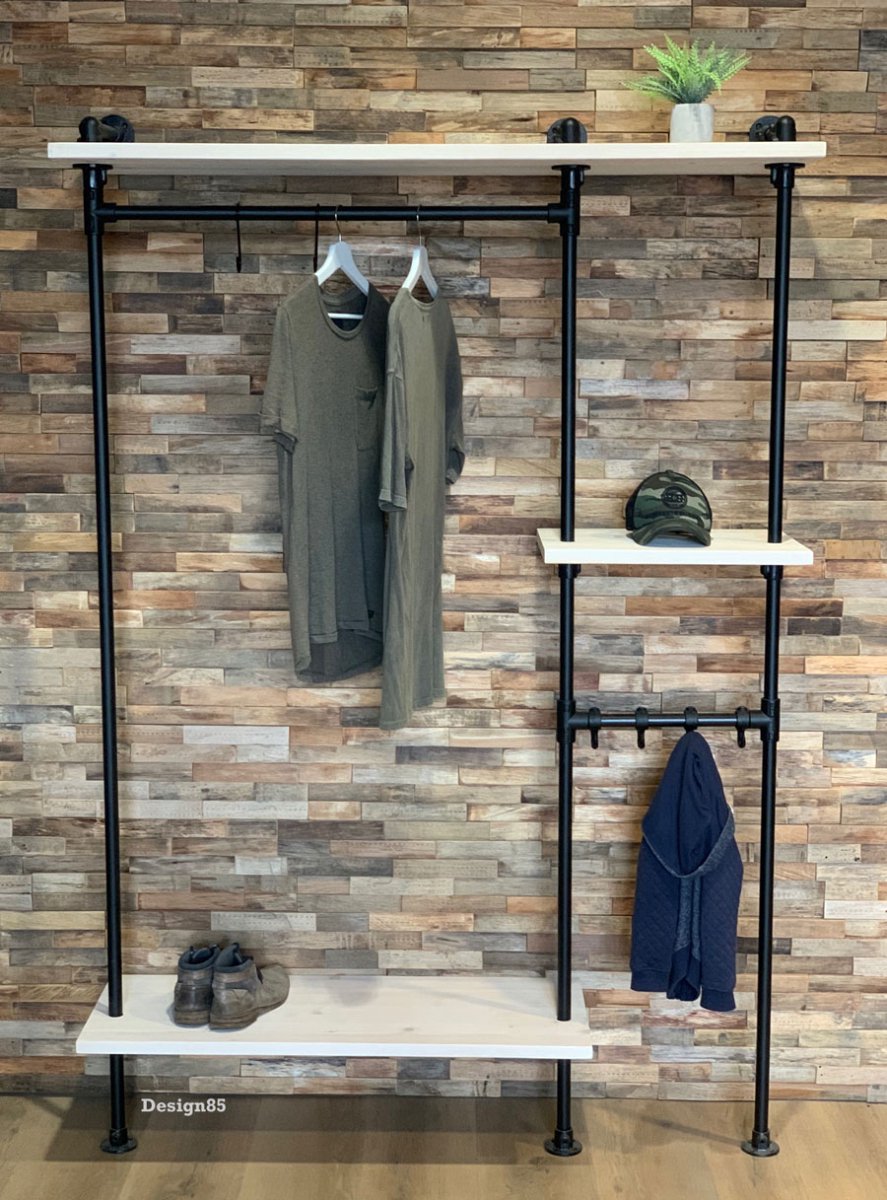 Industriële Kapstok voor Kleerhangers – Wandkapstok van Hout & Zwart Staal – Steigerbuis Design – Design85