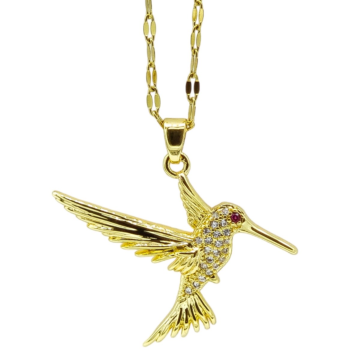Dames ketting goudkleurig staal met zirkonia kolibrie hanger