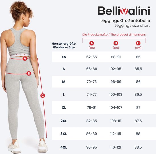 Maattabel voor Bellivalini leggings met productafmetingen.