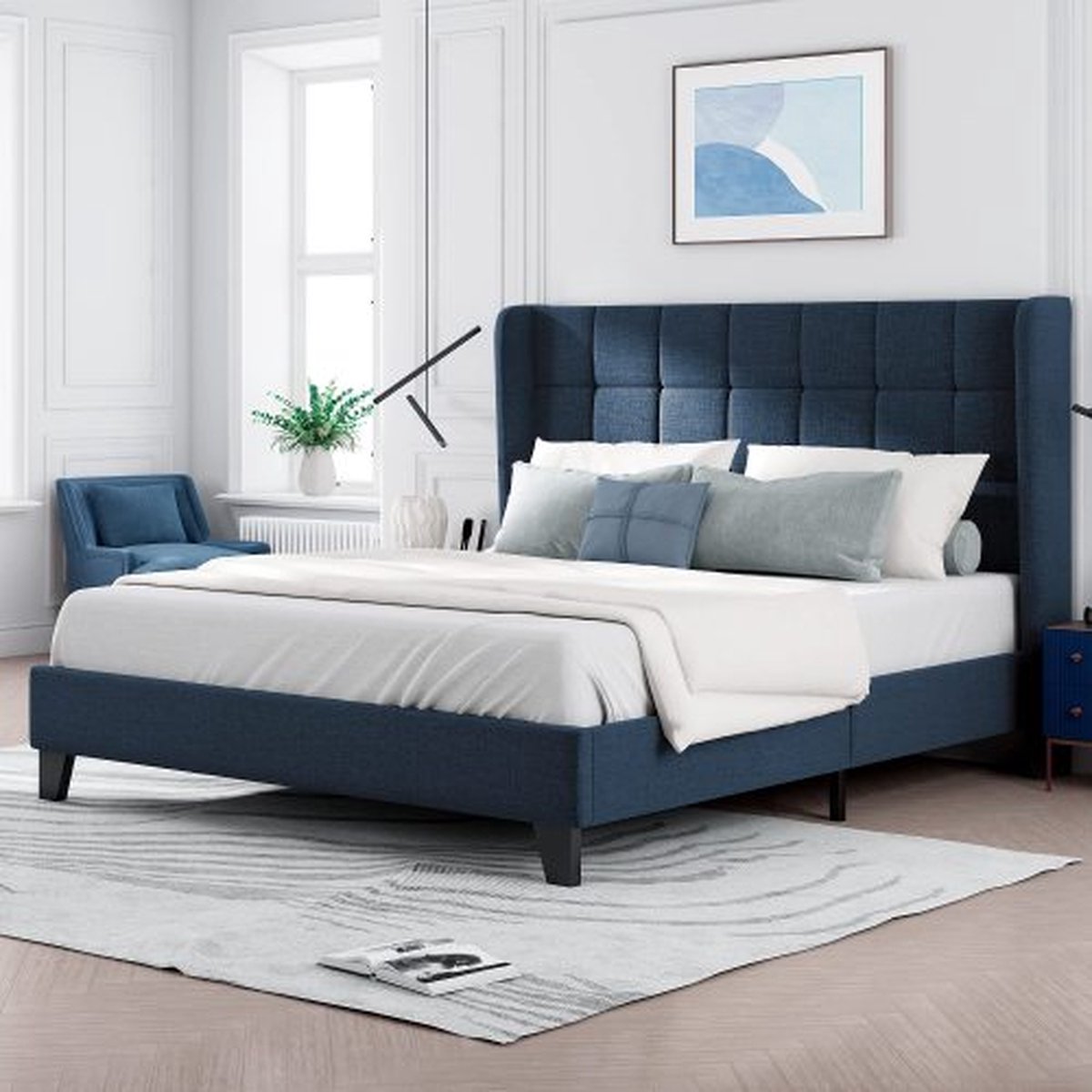 KOMHTOM Tweepersoonsbed 140x200cm Bed voor volwassenen Modern bed met gestoffeerd hoofdeinde Blauw linnen