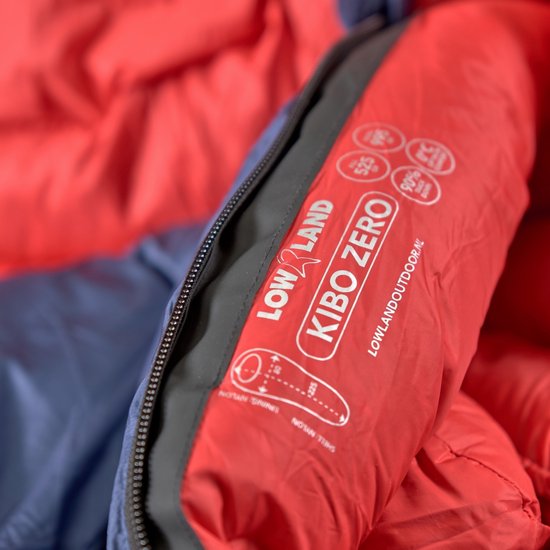 LOWLAND OUTDOOR - KIBO ZERO - Donzen mummy slaapzak 0°C - 995 gr - 225x80 cm - Navy blauw / Rood van LOWLAND OUTDOOR — afbeelding 2
